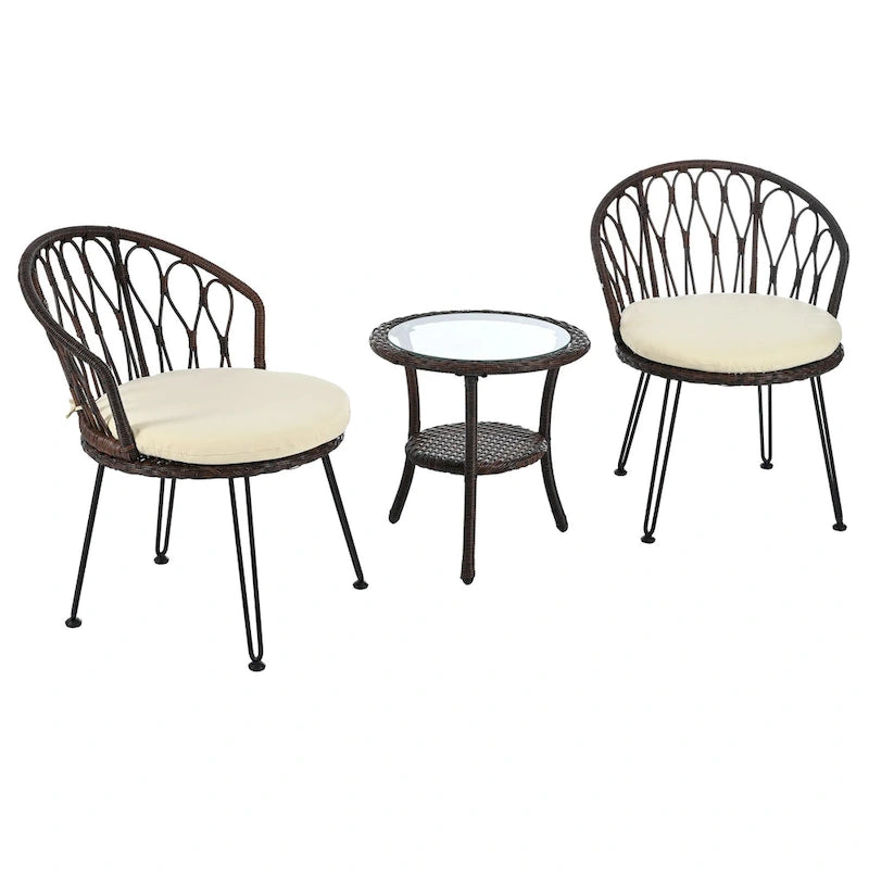 Ensemble de loisirs d'extérieur, composé de 2 chaises individuelles en rotin et d'une table ronde en verre, parfaitement adapté aux patios, balcons et cours.