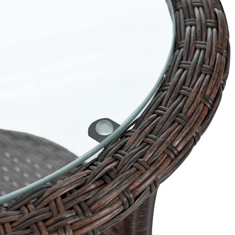 Ensemble de loisirs d'extérieur, composé de 2 chaises individuelles en rotin et d'une table ronde en verre, parfaitement adapté aux patios, balcons et cours.