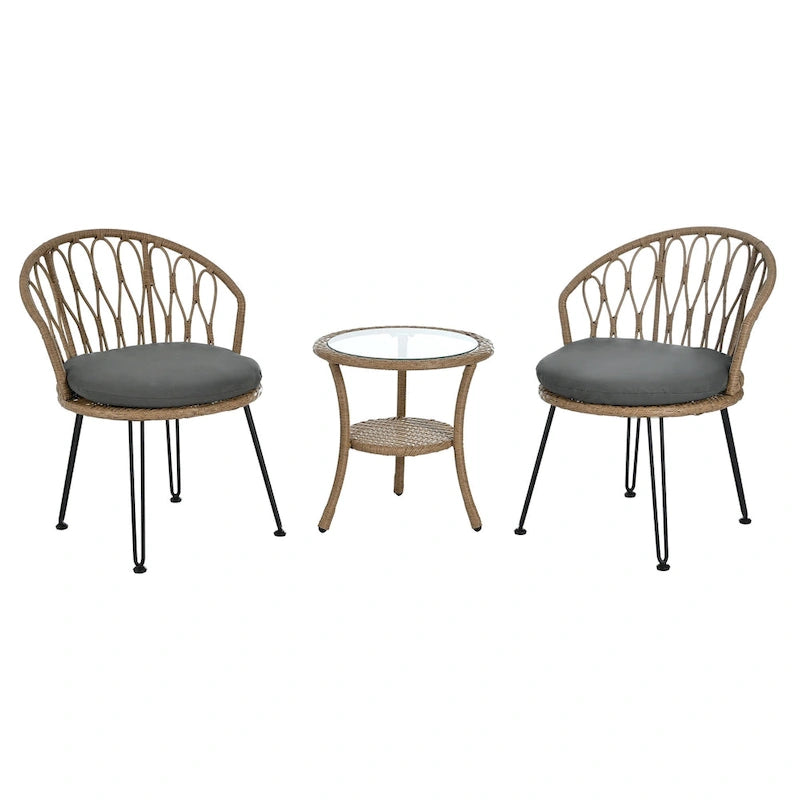 Ensemble de loisirs d'extérieur, composé de 2 chaises individuelles en rotin et d'une table ronde en verre, parfaitement adapté aux patios, balcons et cours.