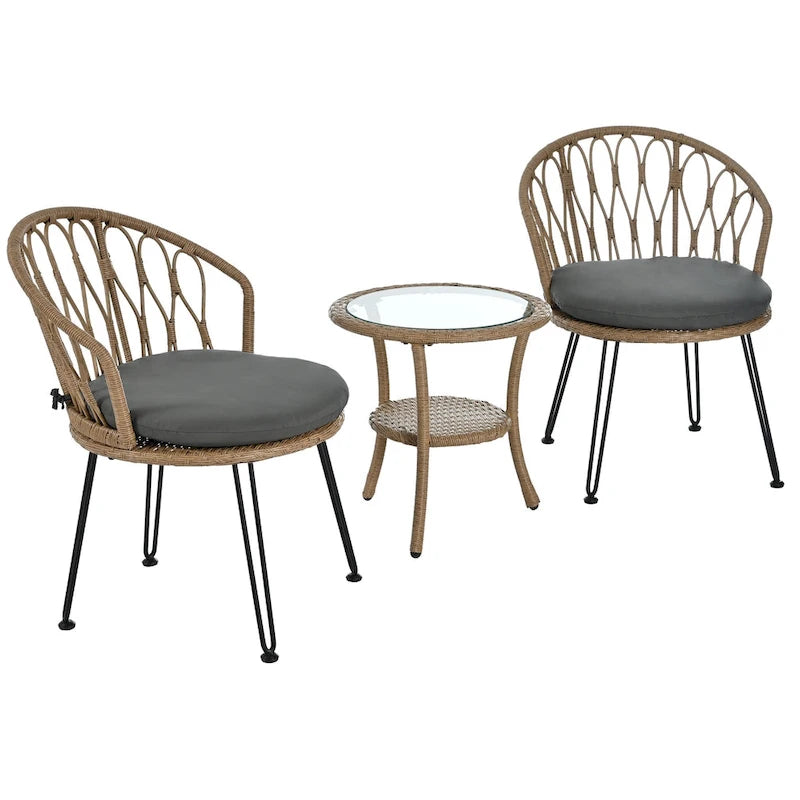 Ensemble de loisirs d'extérieur, composé de 2 chaises individuelles en rotin et d'une table ronde en verre, parfaitement adapté aux patios, balcons et cours.