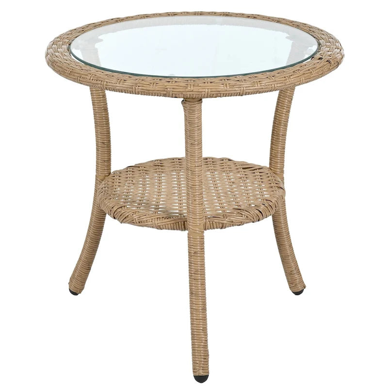 Ensemble de loisirs d'extérieur, composé de 2 chaises individuelles en rotin et d'une table ronde en verre, parfaitement adapté aux patios, balcons et cours.