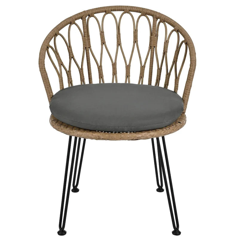 Ensemble de loisirs d'extérieur, composé de 2 chaises individuelles en rotin et d'une table ronde en verre, parfaitement adapté aux patios, balcons et cours.
