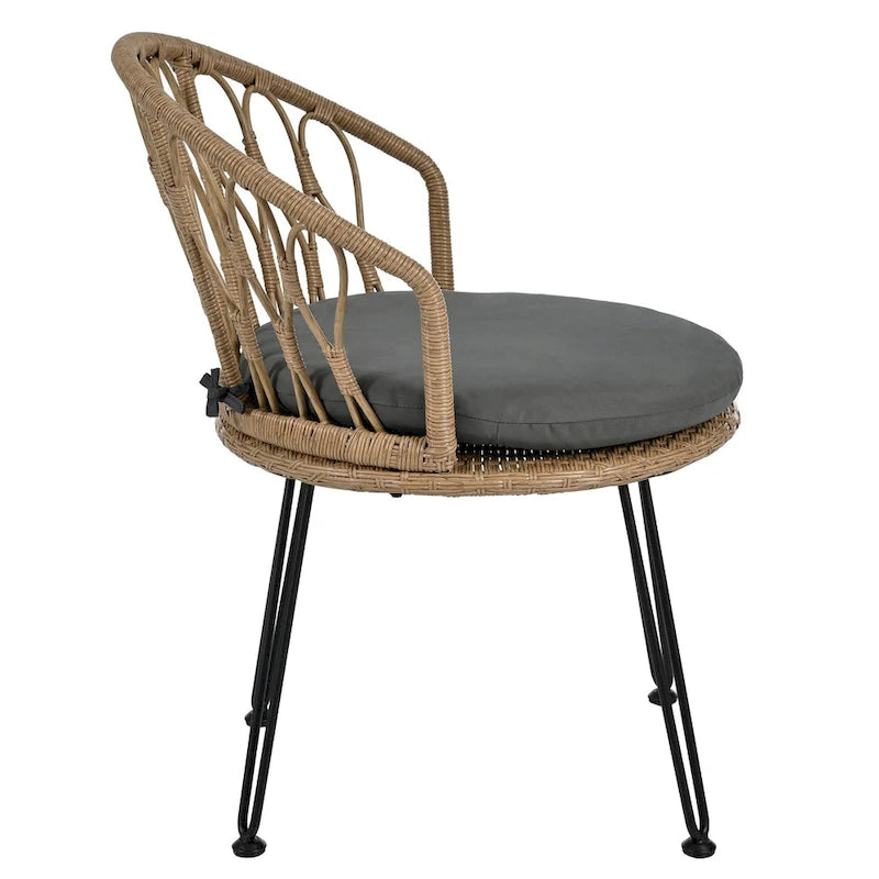 Ensemble de loisirs d'extérieur, composé de 2 chaises individuelles en rotin et d'une table ronde en verre, parfaitement adapté aux patios, balcons et cours.