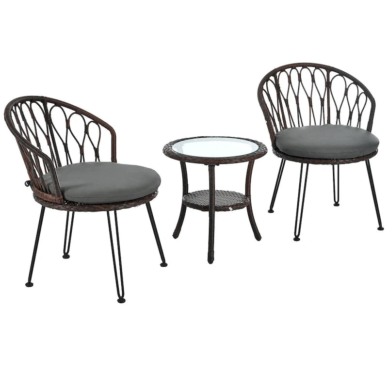 Ensemble de loisirs d'extérieur, composé de 2 chaises individuelles en rotin et d'une table ronde en verre, parfaitement adapté aux patios, balcons et cours.