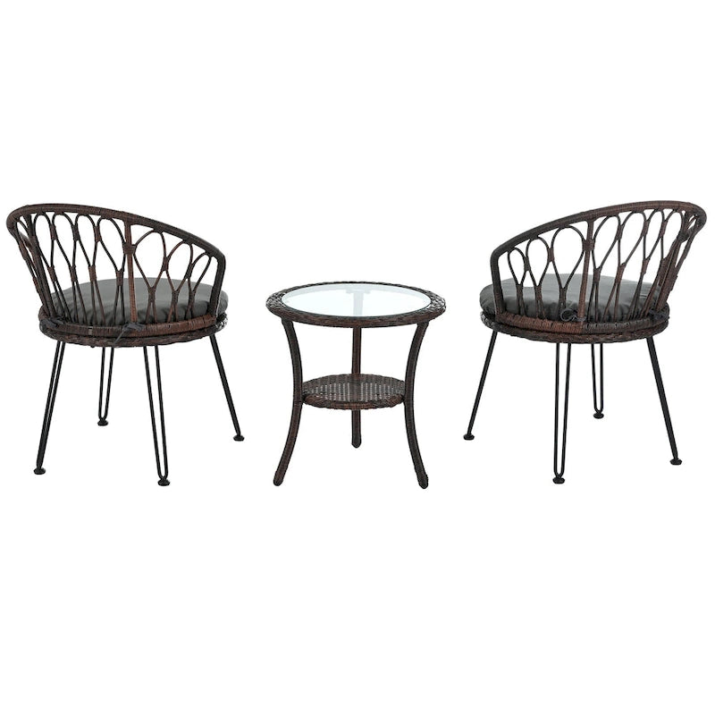Ensemble de loisirs d'extérieur, composé de 2 chaises individuelles en rotin et d'une table ronde en verre, parfaitement adapté aux patios, balcons et cours.