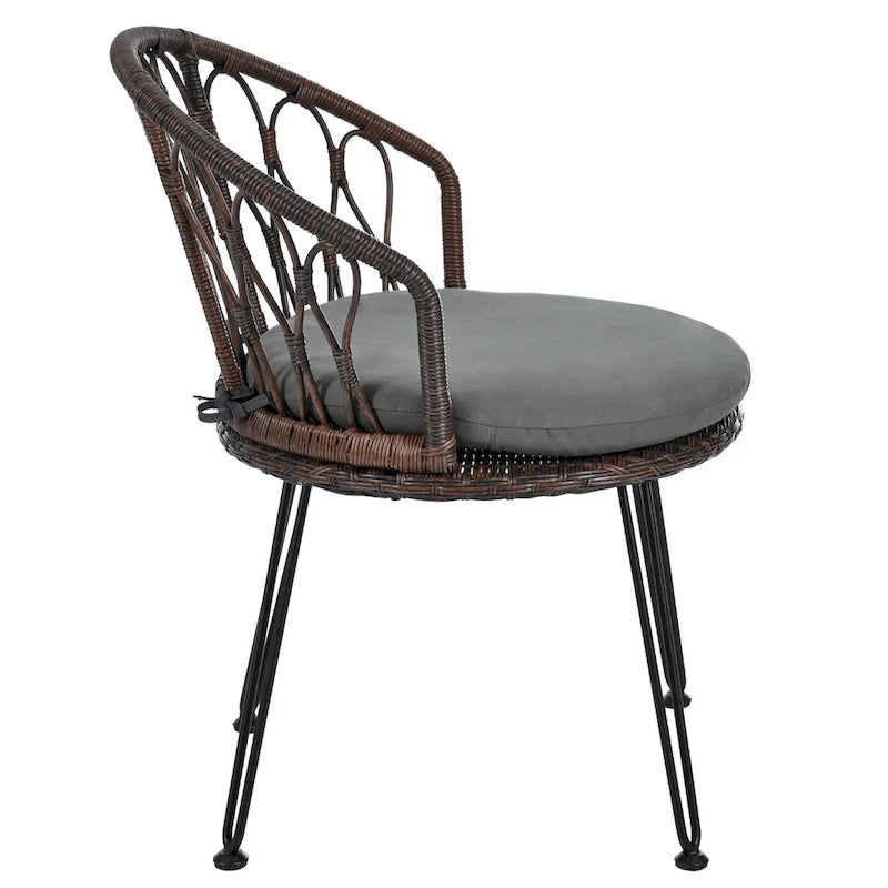 Ensemble de loisirs d'extérieur, composé de 2 chaises individuelles en rotin et d'une table ronde en verre, parfaitement adapté aux patios, balcons et cours.