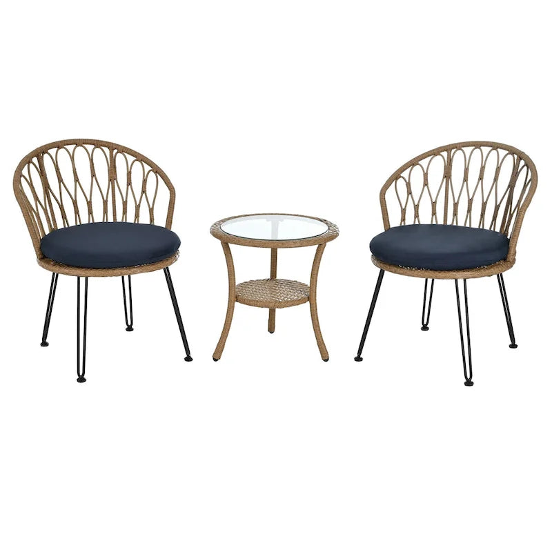 Ensemble de loisirs d'extérieur, composé de 2 chaises individuelles en rotin et d'une table ronde en verre, parfaitement adapté aux patios, balcons et cours.