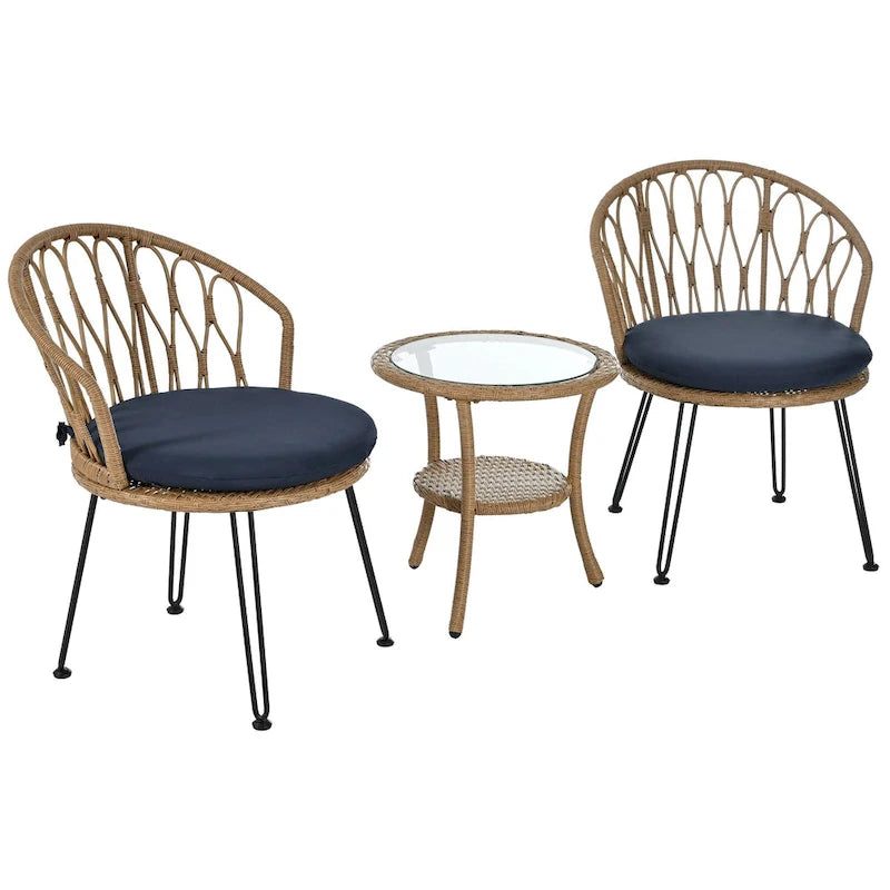 Ensemble de loisirs d'extérieur, composé de 2 chaises individuelles en rotin et d'une table ronde en verre, parfaitement adapté aux patios, balcons et cours.
