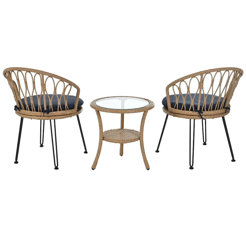 Ensemble de loisirs d'extérieur, composé de 2 chaises individuelles en rotin et d'une table ronde en verre, parfaitement adapté aux patios, balcons et cours.
