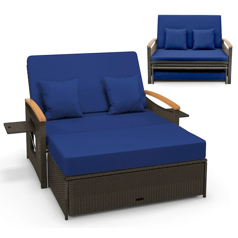 Ensemble lit de jour d'extérieur en osier Gymax, causeuse de patio et pouf de rangement avec
