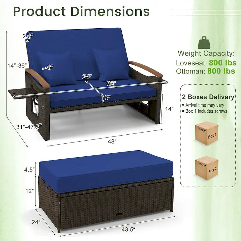 Ensemble lit de jour d'extérieur en osier Gymax, causeuse de patio et pouf de rangement avec