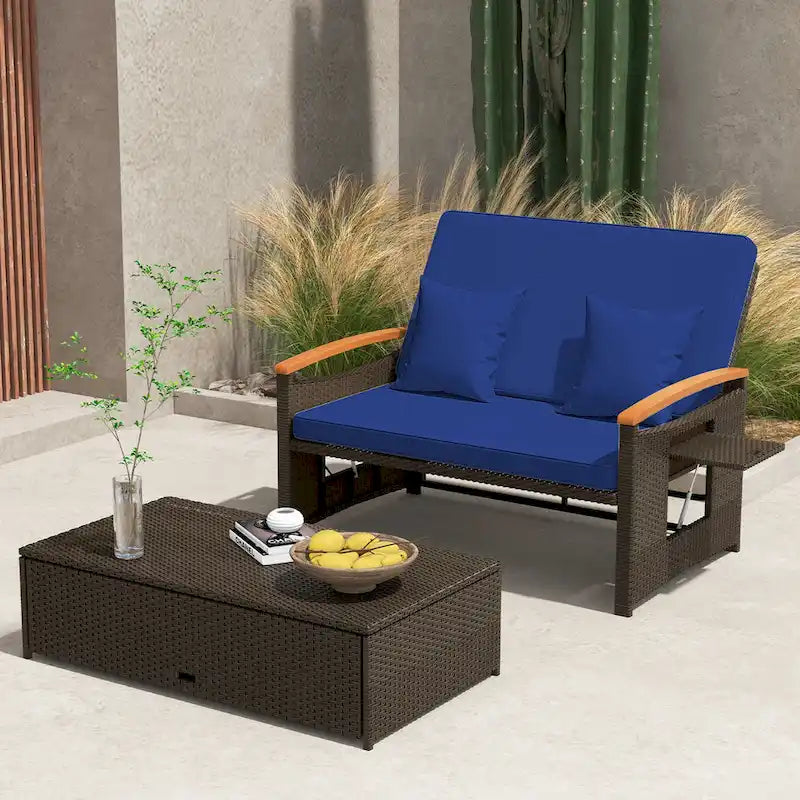 Ensemble lit de jour d'extérieur en osier Gymax, causeuse de patio et pouf de rangement avec
