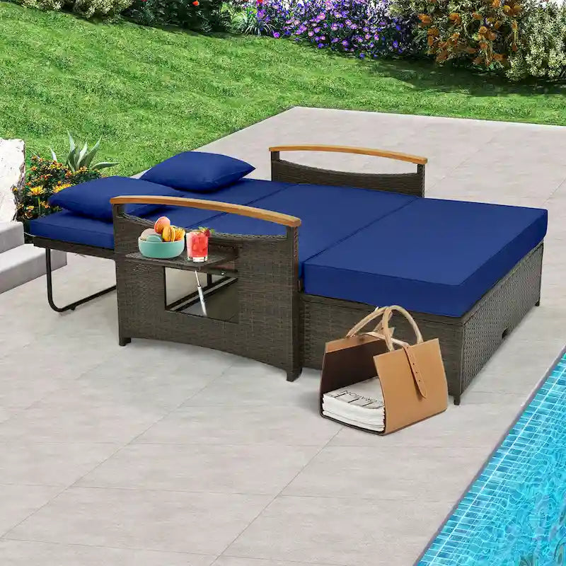 Ensemble lit de jour d'extérieur en osier Gymax, causeuse de patio et pouf de rangement avec