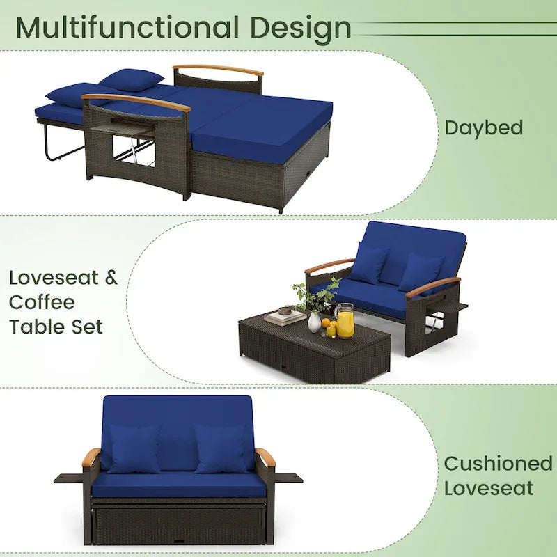 Ensemble lit de jour d'extérieur en osier Gymax, causeuse de patio et pouf de rangement avec