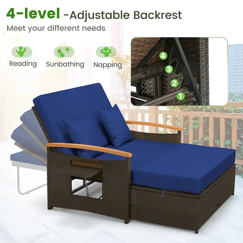 Ensemble lit de jour d'extérieur en osier Gymax, causeuse de patio et pouf de rangement avec