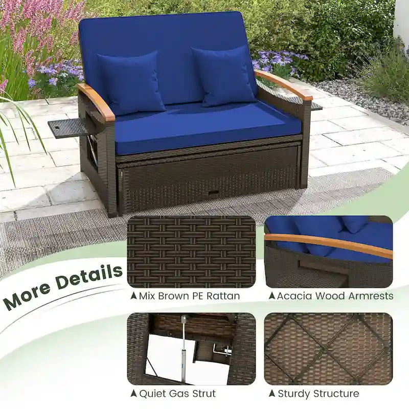 Ensemble lit de jour d'extérieur en osier Gymax, causeuse de patio et pouf de rangement avec