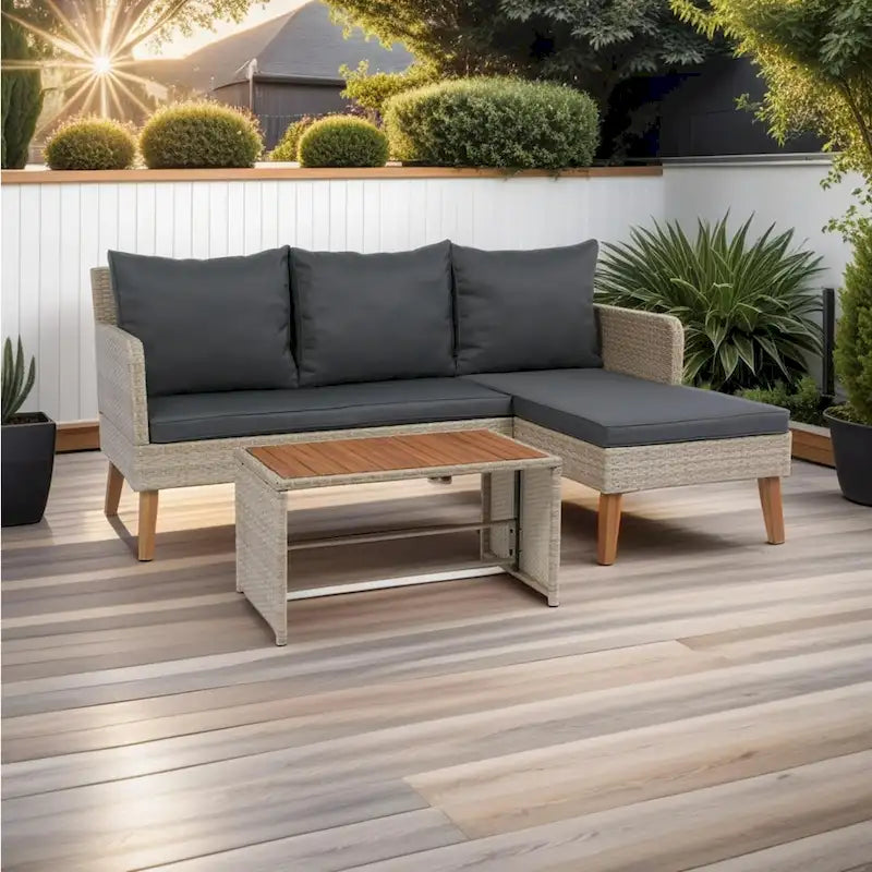 Ensemble de canapé d'angle 3 pièces pour patio en rotin tressé, coloris jaune naturel + coussins gris foncé