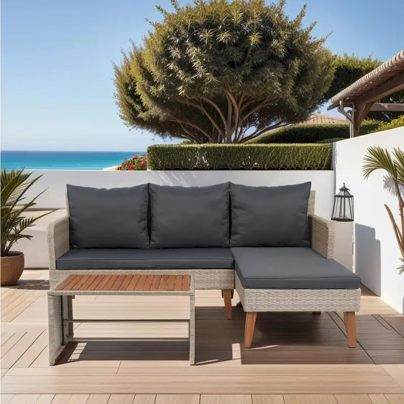 Ensemble de canapé d'angle 3 pièces pour patio en rotin tressé, coloris jaune naturel + coussins gris foncé