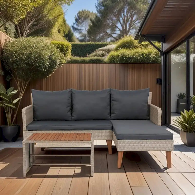 Ensemble de canapé d'angle 3 pièces pour patio en rotin tressé, coloris jaune naturel + coussins gris foncé