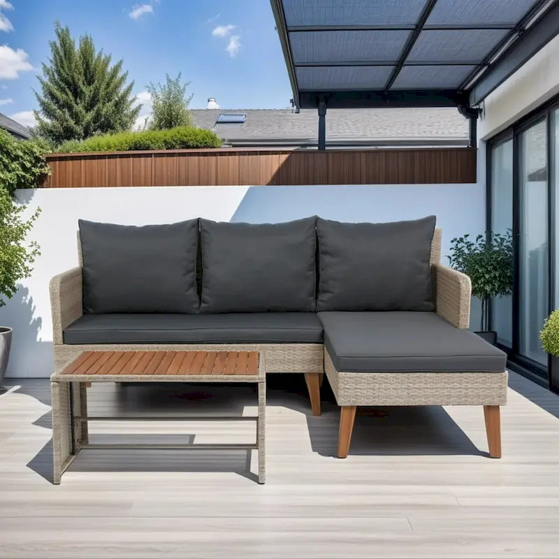Ensemble de canapé d'angle 3 pièces pour patio en rotin tressé, coloris jaune naturel + coussins gris foncé