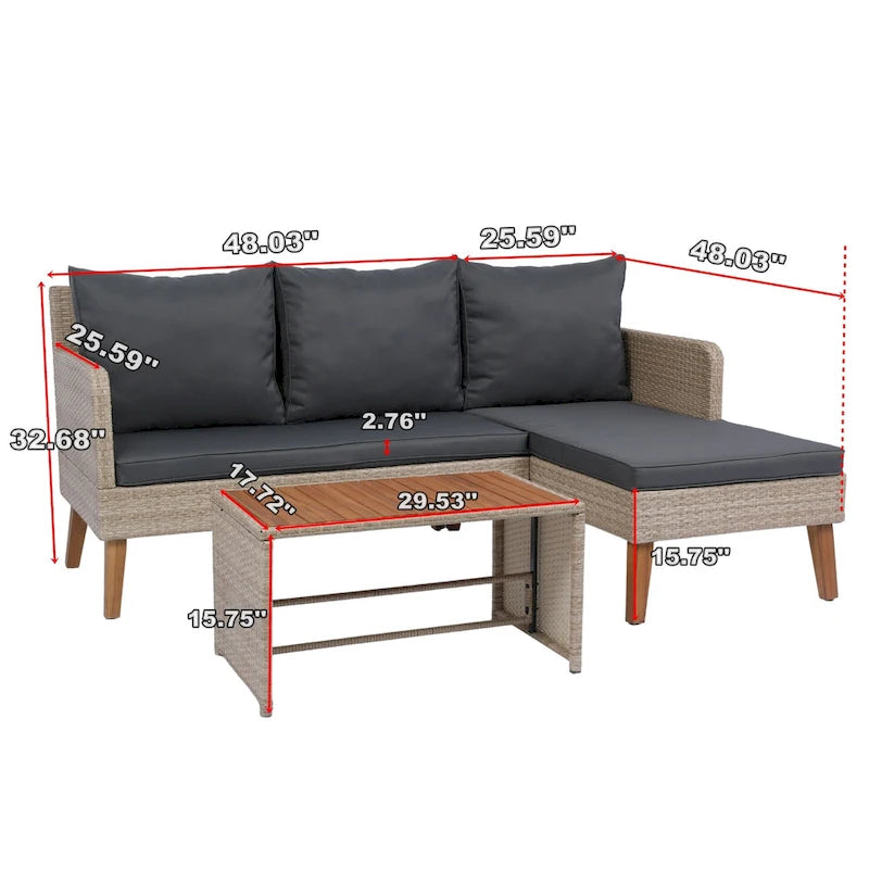 Ensemble de canapé d'angle 3 pièces pour patio en rotin tressé, coloris jaune naturel + coussins gris foncé
