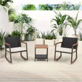 Ensemble de jardin 3 pièces en osier tressé avec fauteuil à bascule, table basse et coussins, marron mélangé