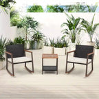 Ensemble de jardin 3 pièces en osier tressé avec fauteuil à bascule, table basse et coussins, marron mélangé