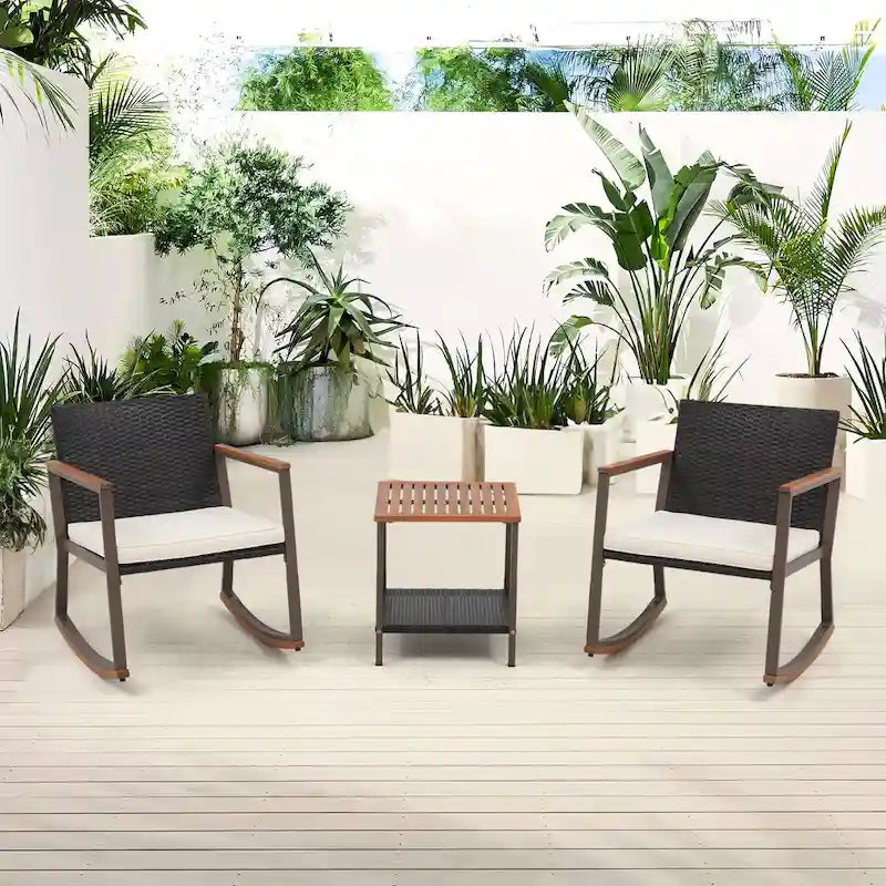 Outdoor 3 Pieces Wicker Rocking Bistro Chair Set with Coffee Table and Cushions, Mix Brown