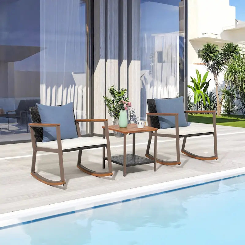 Ensemble de jardin 3 pièces en osier tressé avec fauteuil à bascule, table basse et coussins, marron mélangé