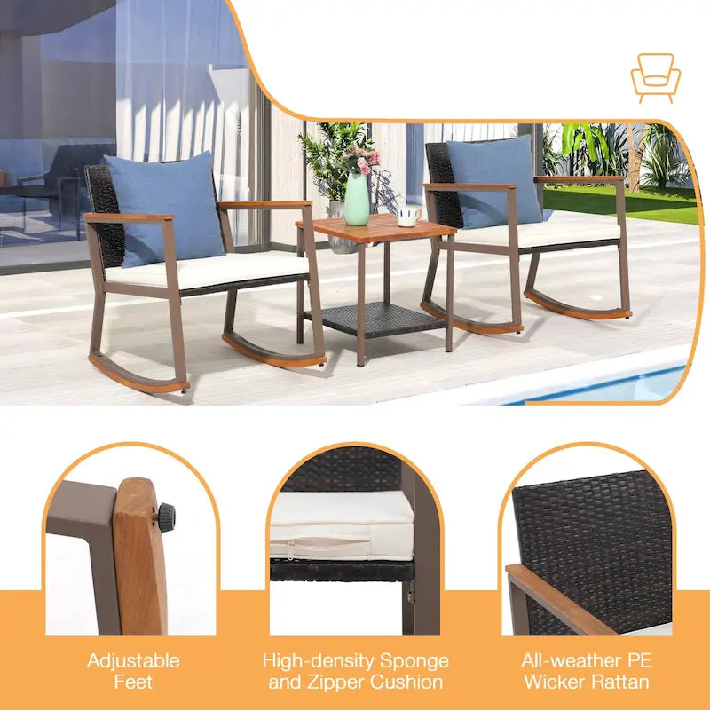 Ensemble de jardin 3 pièces en osier tressé avec fauteuil à bascule, table basse et coussins, marron mélangé