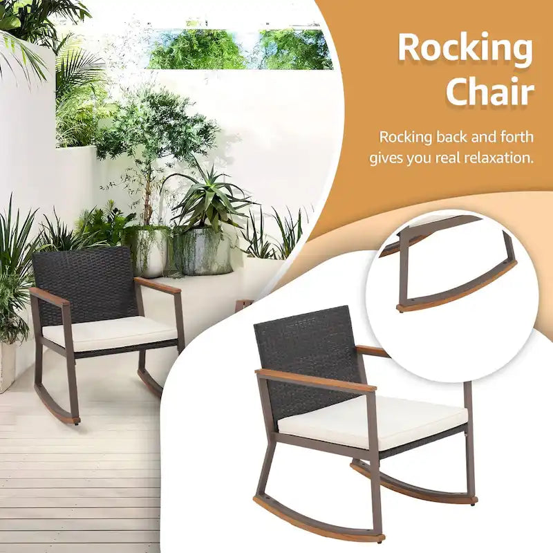 Ensemble de jardin 3 pièces en osier tressé avec fauteuil à bascule, table basse et coussins, marron mélangé