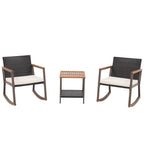 Ensemble de jardin 3 pièces en osier tressé avec fauteuil à bascule, table basse et coussins, marron mélangé