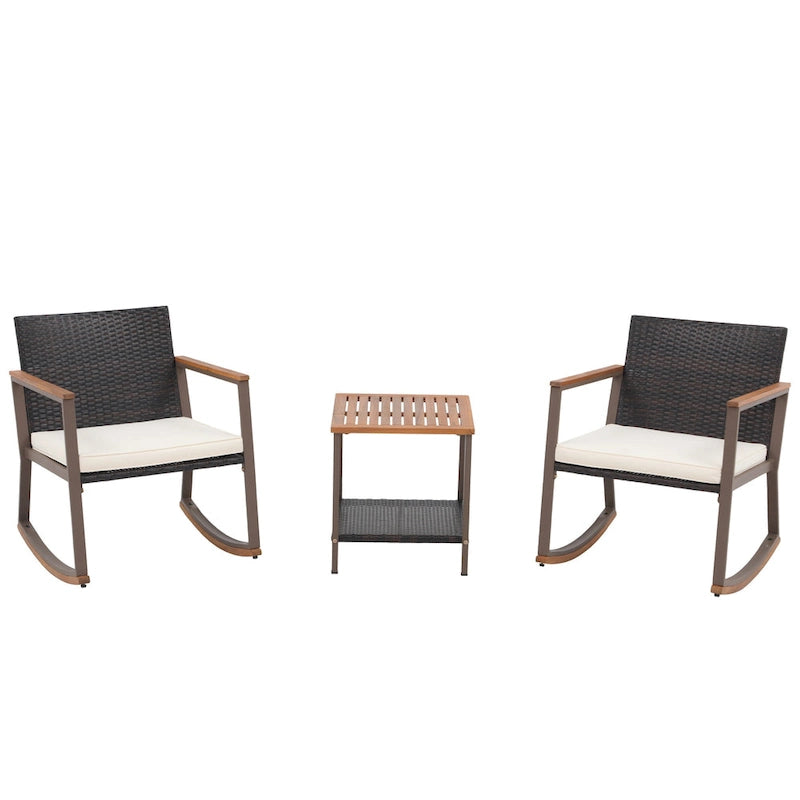 Ensemble de jardin 3 pièces en osier tressé avec fauteuil à bascule, table basse et coussins, marron mélangé