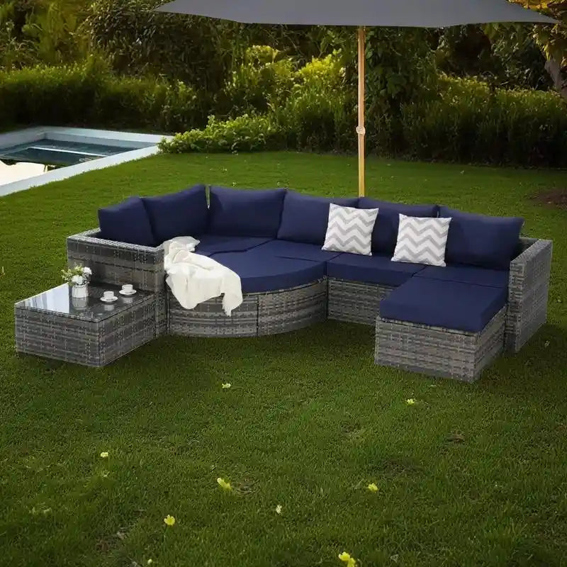 Ensemble de canapé d'angle modulaire en rotin pour patio extérieur, 8 pièces, avec table basse en verre trempé