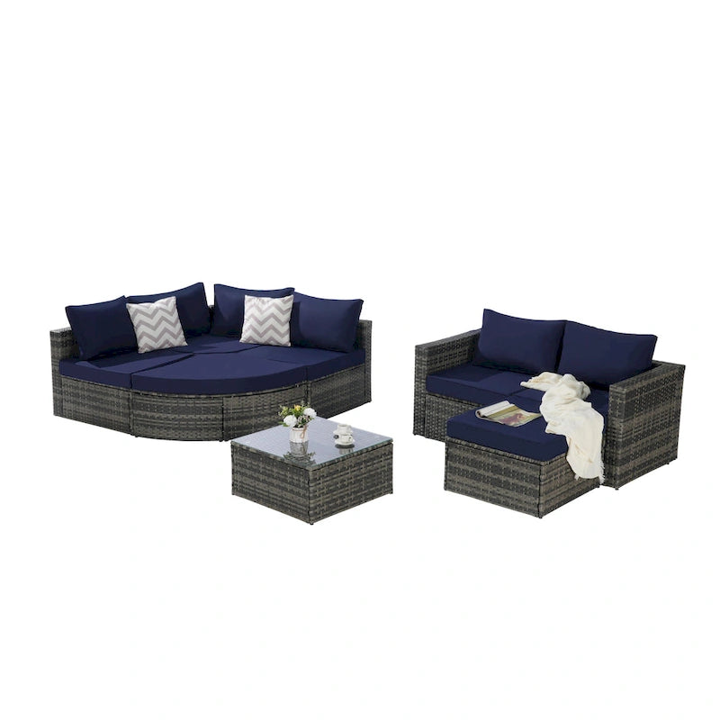 Ensemble de canapé d'angle modulaire en rotin pour patio extérieur, 8 pièces, avec table basse en verre trempé