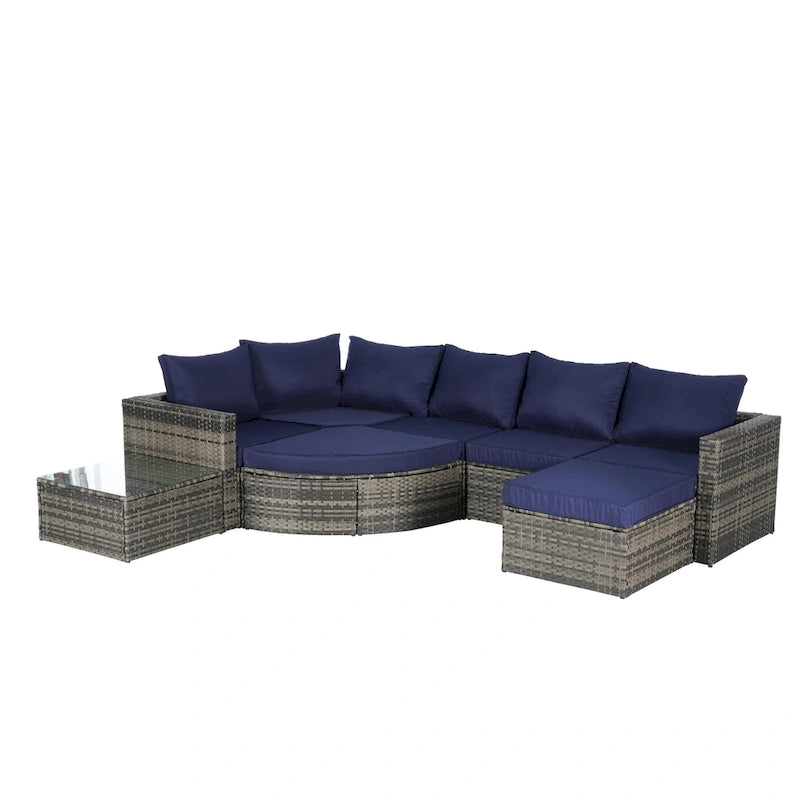 Ensemble de canapé d'angle modulaire en rotin pour patio extérieur, 8 pièces, avec table basse en verre trempé