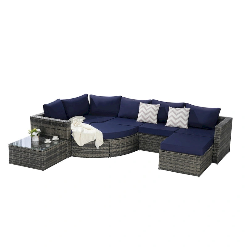 Ensemble de canapé d'angle modulaire en rotin pour patio extérieur, 8 pièces, avec table basse en verre trempé