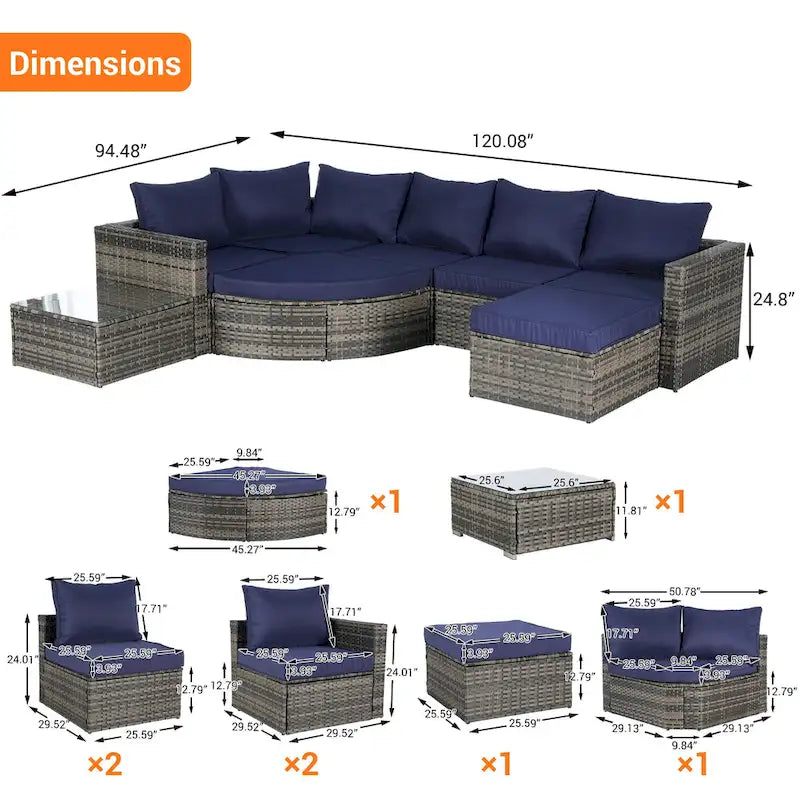 Ensemble de canapé d'angle modulaire en rotin pour patio extérieur, 8 pièces, avec table basse en verre trempé