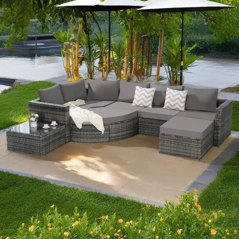 Ensemble de canapé d'angle modulaire en rotin pour patio extérieur, 8 pièces, avec table basse en verre trempé