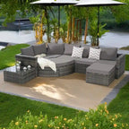 Ensemble de canapé d'angle modulaire en rotin pour patio extérieur, 8 pièces, avec table basse en verre trempé