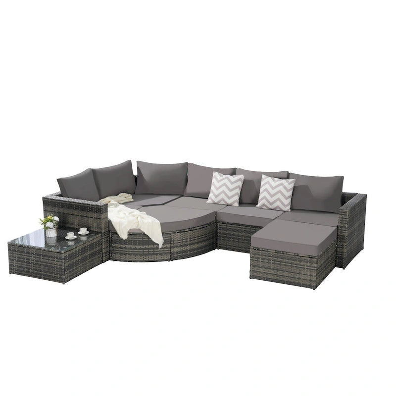 Ensemble de canapé d'angle modulaire en rotin pour patio extérieur, 8 pièces, avec table basse en verre trempé