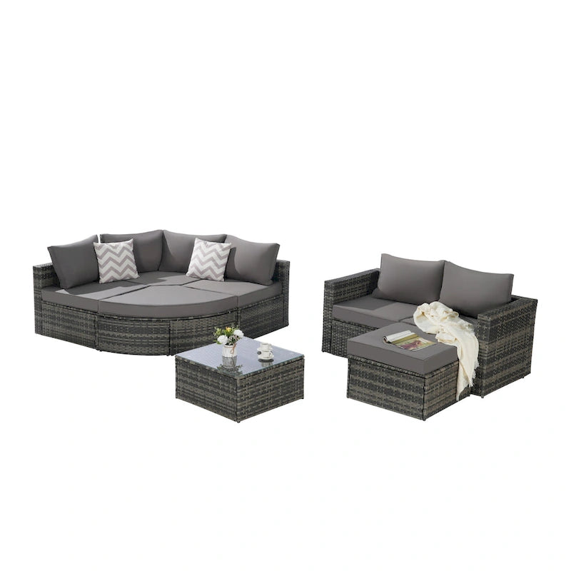 Ensemble de canapé d'angle modulaire en rotin pour patio extérieur, 8 pièces, avec table basse en verre trempé