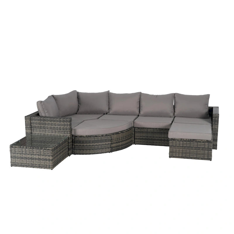 Ensemble de canapé d'angle modulaire en rotin pour patio extérieur, 8 pièces, avec table basse en verre trempé