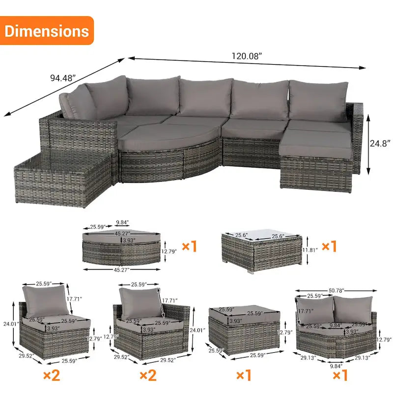 Ensemble de canapé d'angle modulaire en rotin pour patio extérieur, 8 pièces, avec table basse en verre trempé
