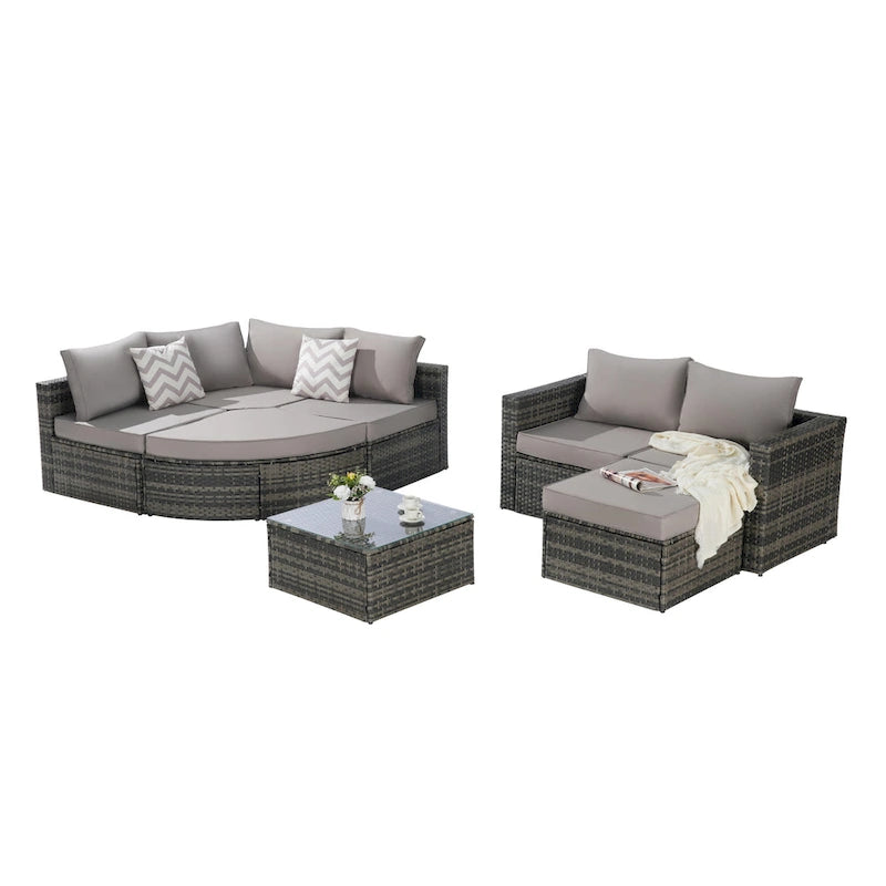 Ensemble de canapé d'angle modulaire en rotin pour patio extérieur, 8 pièces, avec table basse en verre trempé