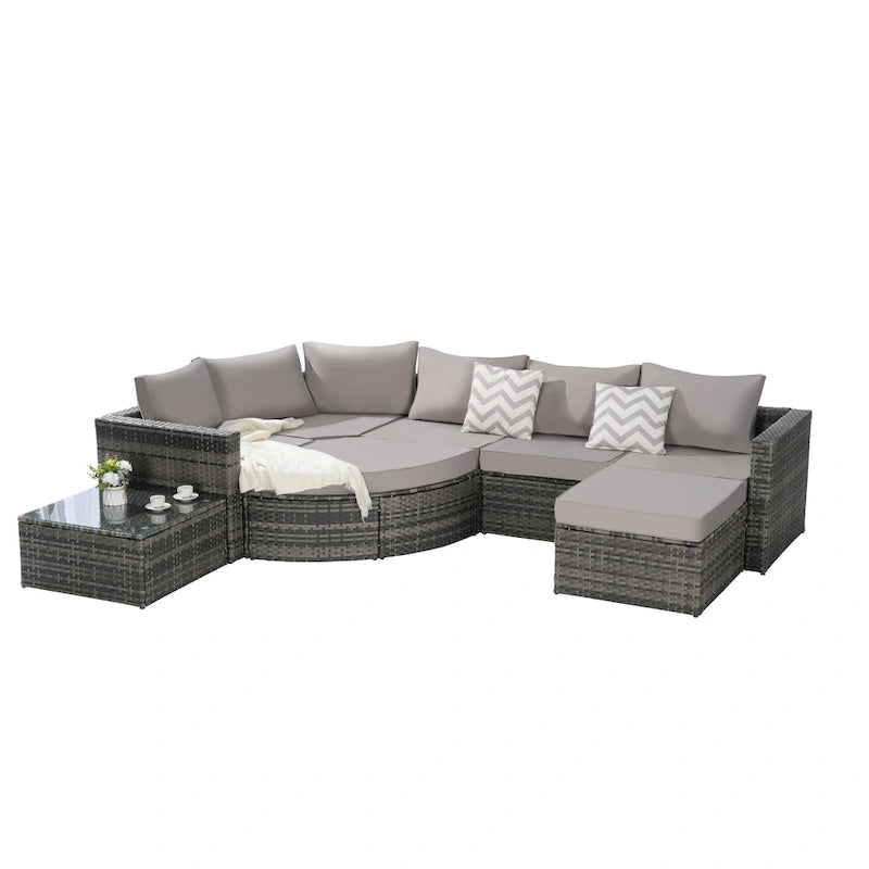 Ensemble de canapé d'angle modulaire en rotin pour patio extérieur, 8 pièces, avec table basse en verre trempé