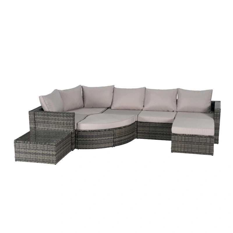 Ensemble de canapé d'angle modulaire en rotin pour patio extérieur, 8 pièces, avec table basse en verre trempé