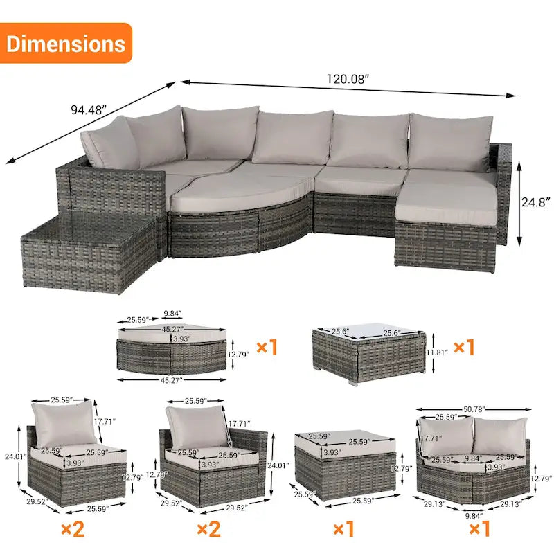 Ensemble de canapé d'angle modulaire en rotin pour patio extérieur, 8 pièces, avec table basse en verre trempé
