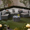 Ensemble de canapé d'angle demi-lune 7 pièces pour terrasse avec table basse en verre trempé