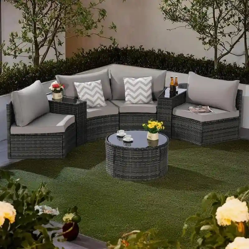 Ensemble de canapé d'angle demi-lune 7 pièces pour terrasse avec table basse en verre trempé